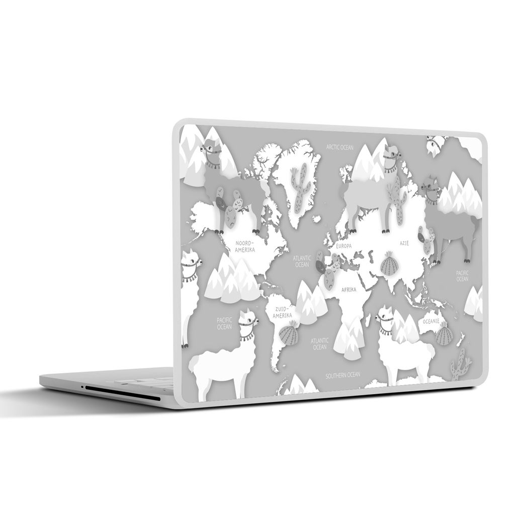 MuchoWow Laptop Aufkleber Sticker Cover Alpakas und Berge auf einer hellen Weltkarte - schwarz und weiß 32.5x23.5 cm - Sticker für Laptop - Sel...