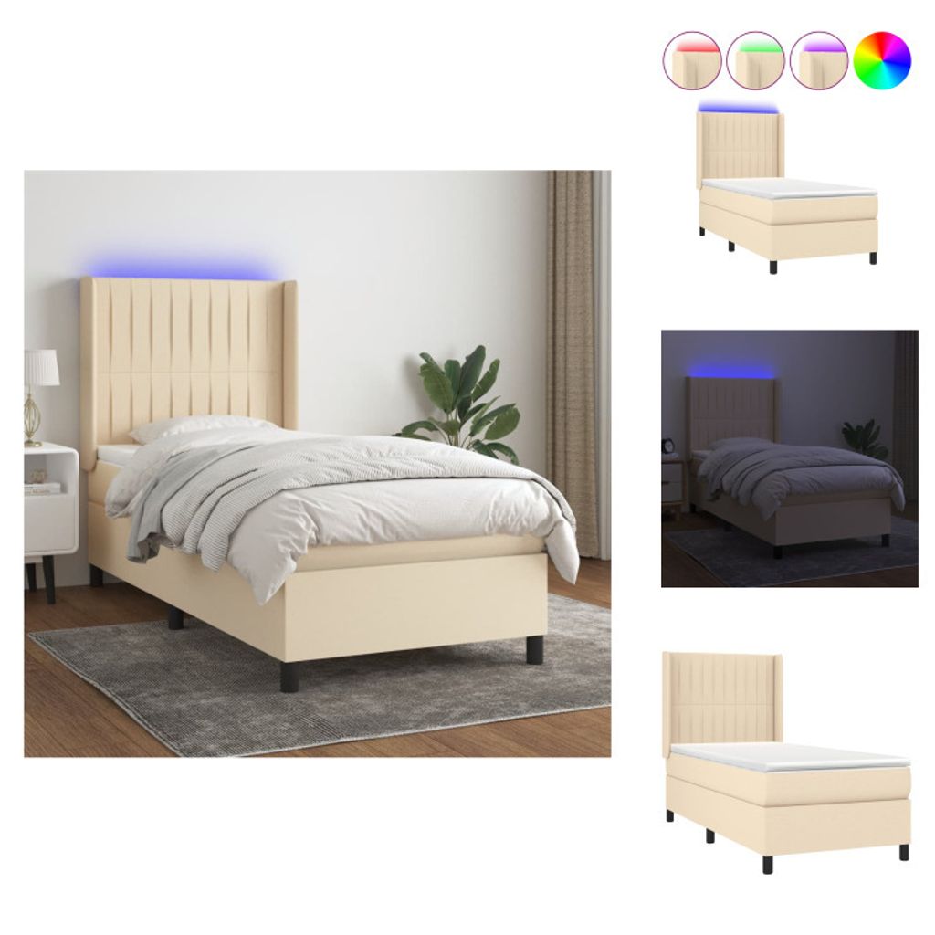 vidaXL Boxspringbett mit Matratze & LED Creme 90x200 cm Stoff - Betten & Bettgestelle
