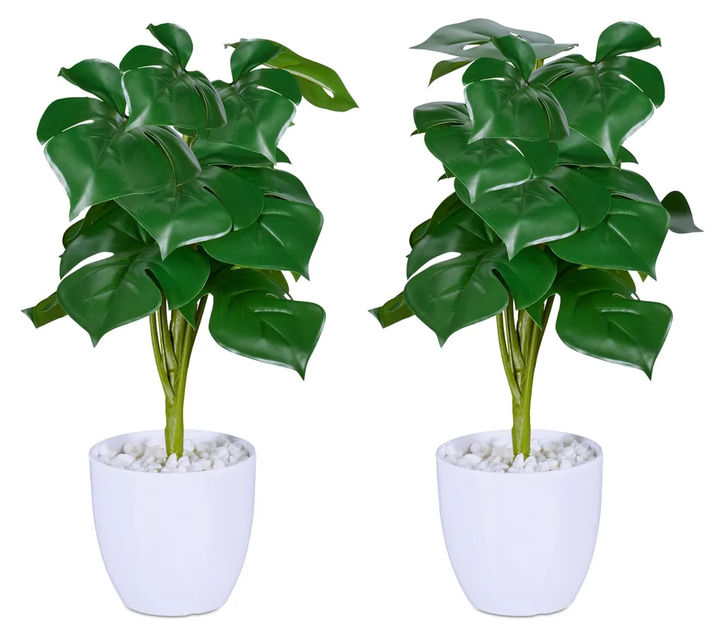 Lot de 2 Monstera artificielles en pot 33cm Deco Nature Vert et Blanc