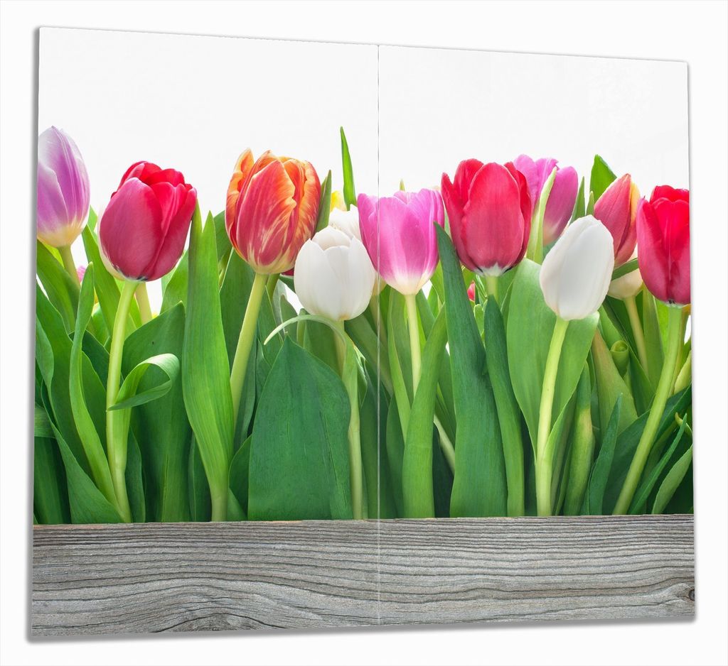 Wallario Herdabdeckplatte aus Glas, Größe 60 x 52 cm 2-teilig, Motiv Rote weiße und pinke Tulpen im Frühling
