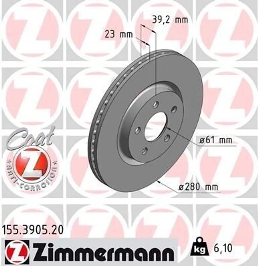 Disque de frein Zimmermann 155.3905.20 pour Chrysler PT Cruiser (PT)