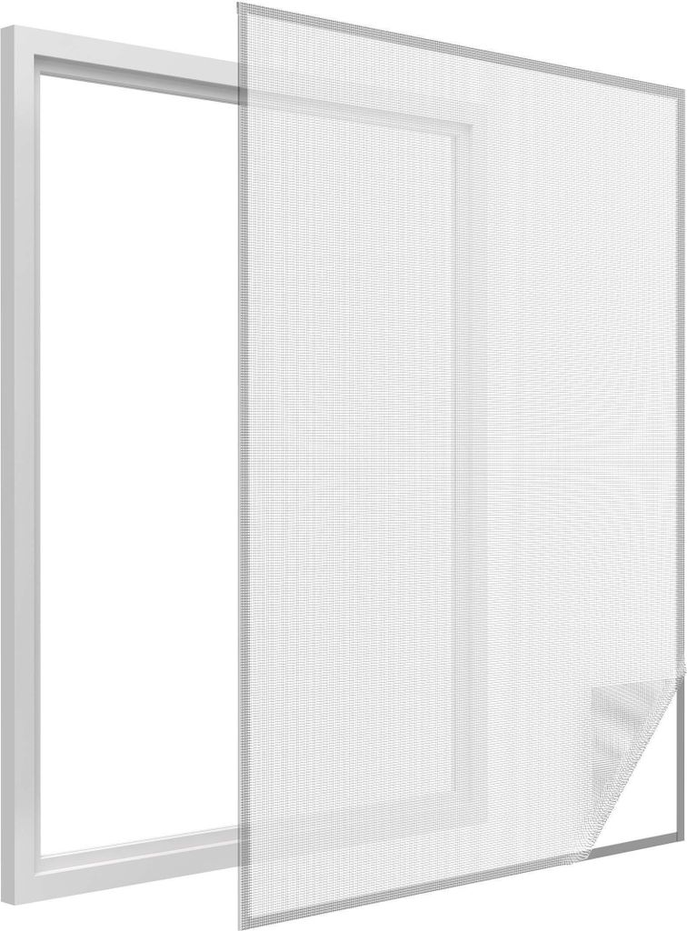 A white window frame with a white mosquito net partially attached.