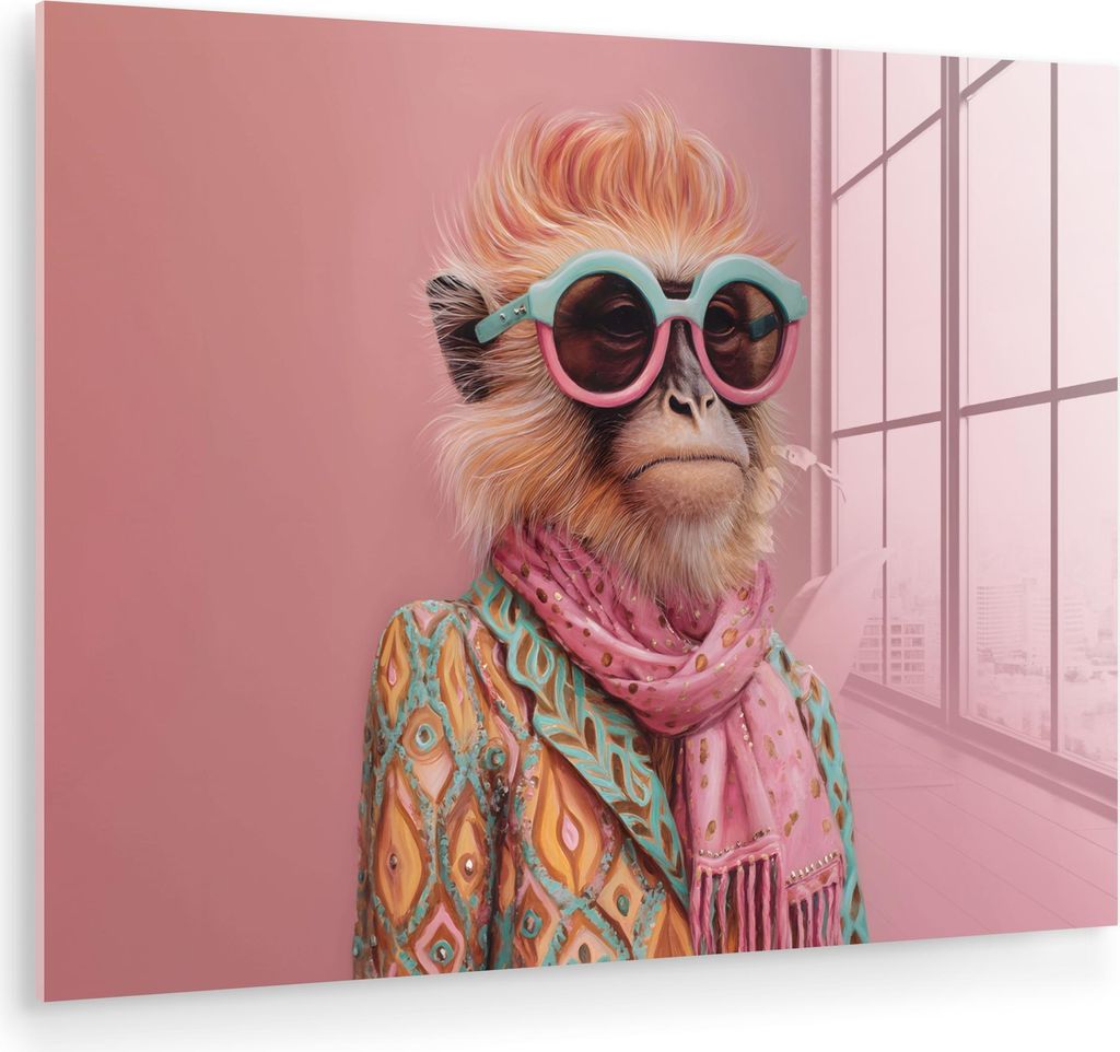 MuchoWow Glasbilder - Bilder auf Wandbild - Foto auf Glas Halstuch - Affe - Sonnenbrille - Jacke 80x60 cm Wanddekoration aus Glas - Acrylglasbild -...