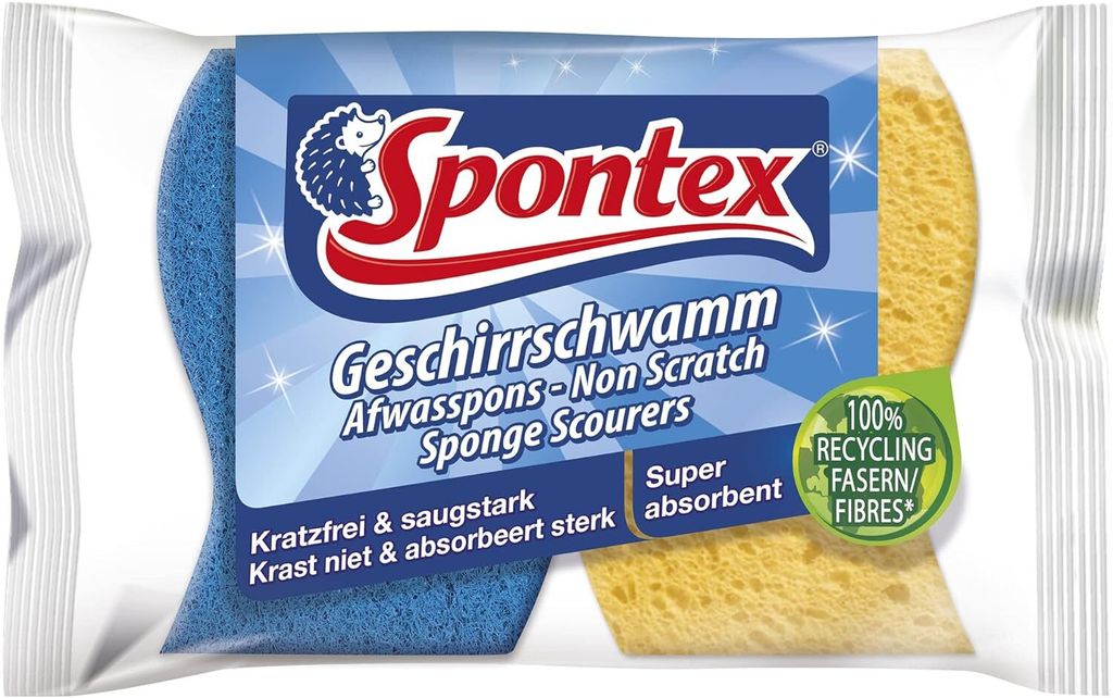 A package of two Spontex sponge scourers, one blue and one yellow, with product information and branding.