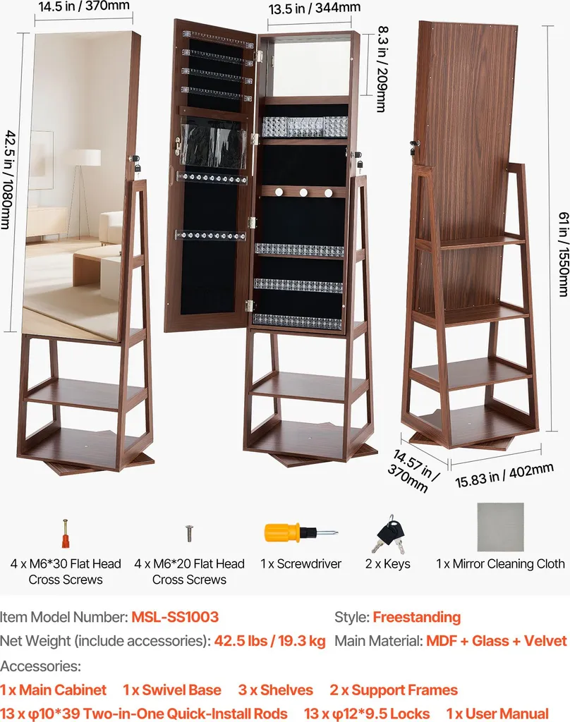 VEVOR Armadio portagioie girevole a 360° (altezza 155 mm) con specchio a figura intera e spazio per riporre i gioielli, organizer per gioielli con 2 chiavi, tasche per accessori e scomparti per riporre i gioielli - 7