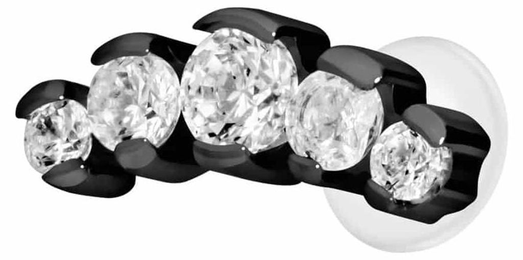 Ohrpiercing, Nasenpiercing PTFE Labret mit Innengewinde + Titan-Aufsatz 5 EINGEFASSTE KRISTALLE Schwarz Stablänge: 6mm | Stabstärke: 1,2mm