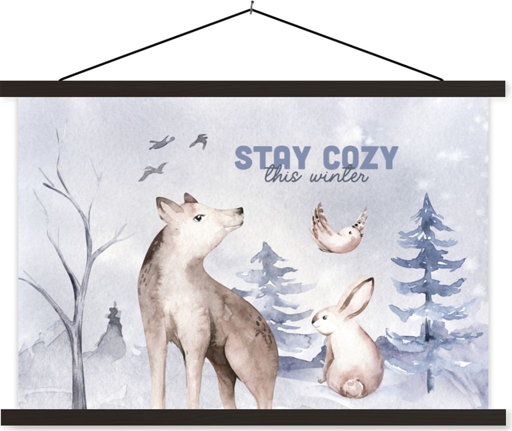 MuchoWow Textilposter Winter - Wolf - Vogel - Kaninchen 120x80 cm mit schwarzem Rahmen - Wanddeko