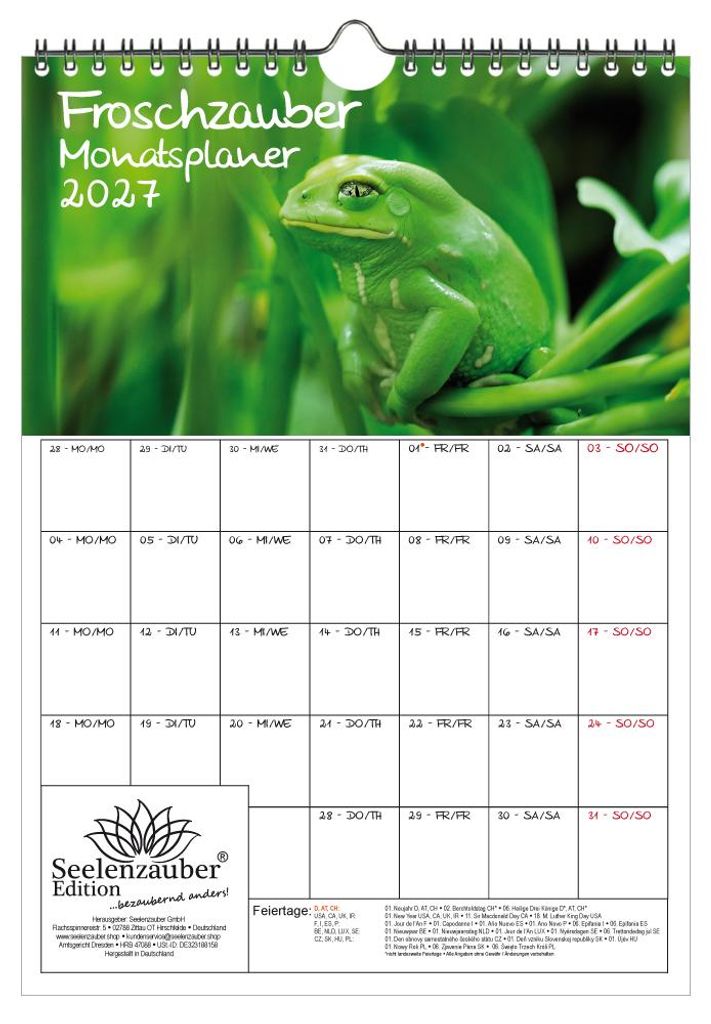 Froschzauber Frösche Planer DIN A4 Kalender für 2027 Frosch - Seelenzauber