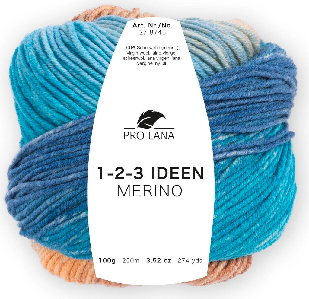 Pro Lana 1-2-3 IDEEN MERINO 100 g 100 % Wolle mit Degradé-Farbverlauf 250 m Farbe 006 - türkis/blau/beige