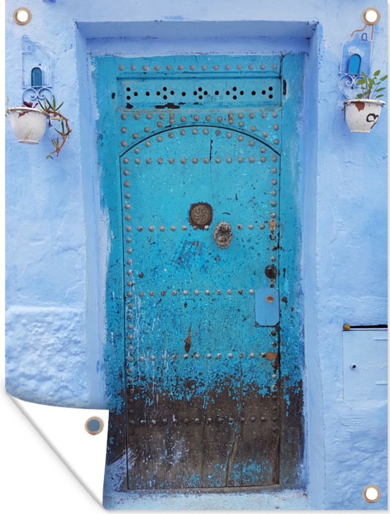 MuchoWow 30x40 cm Outdoor-Poster Gartendeko Sichtschutz Garten Poster für den Garten Blaue rostige Tür in Chefchaouen