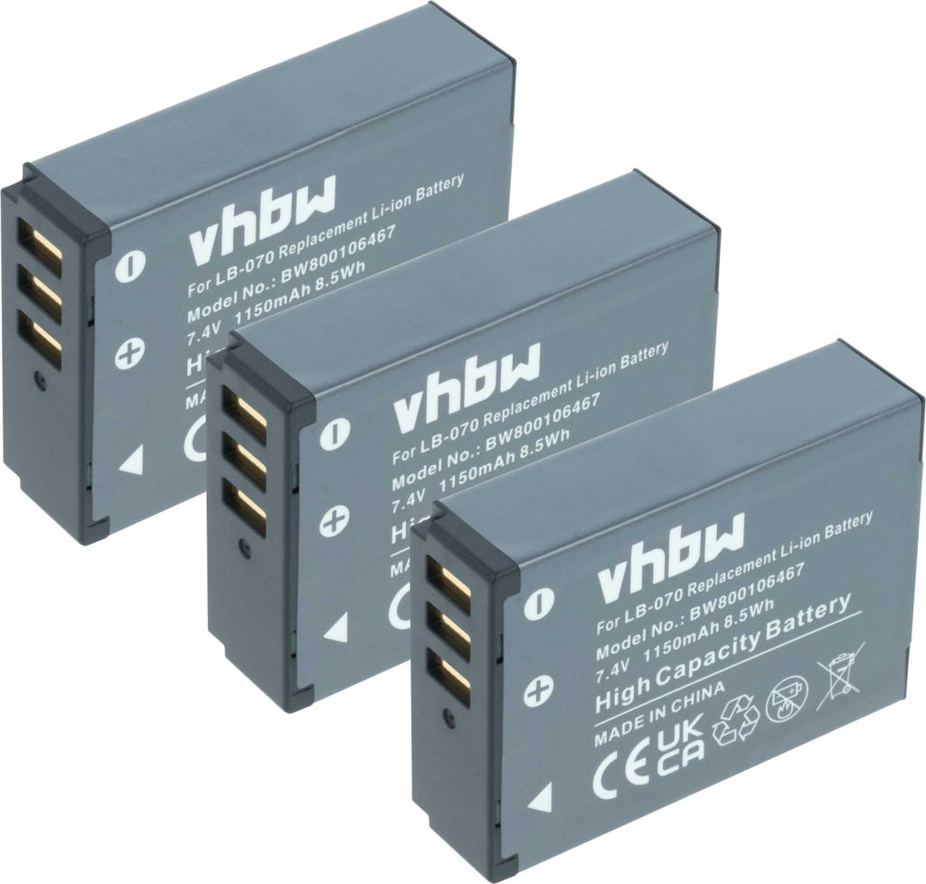 vhbw 3x Akku Ersatz für Kodak LB-070 für Kamera (1150 mAh, 7,4 V, Li-Ion)