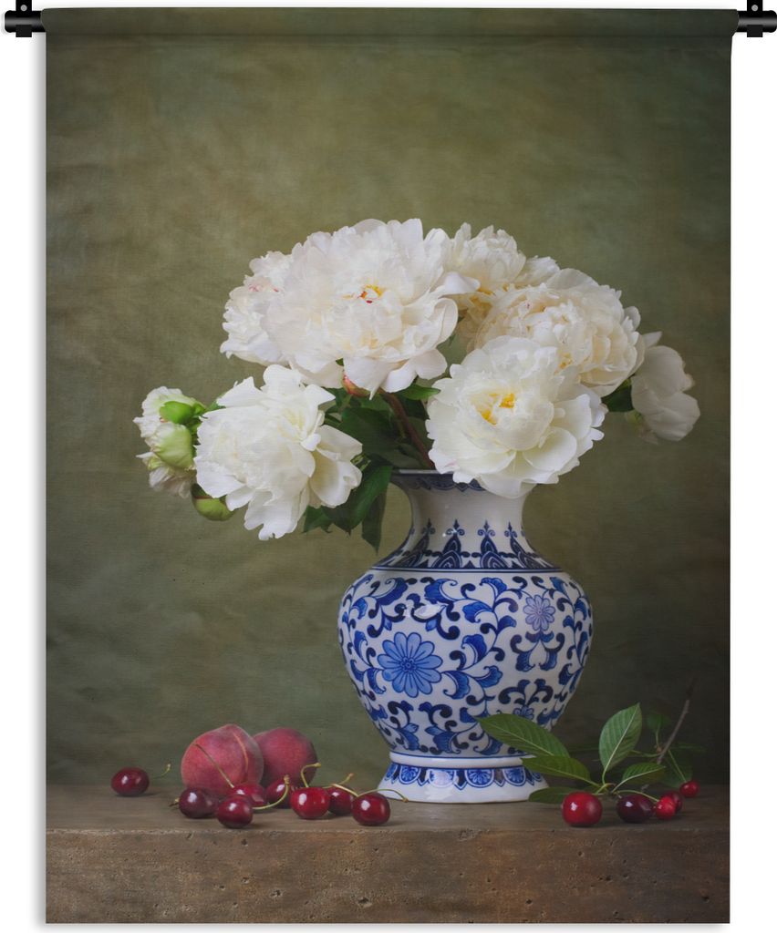 MuchoWow Wandteppich Wandbehang Pfingstrosen - Vase - Chinesisch 120x160 cm Tapisserie Dekoration Wandtuch - Wohnzimmer - Moderne