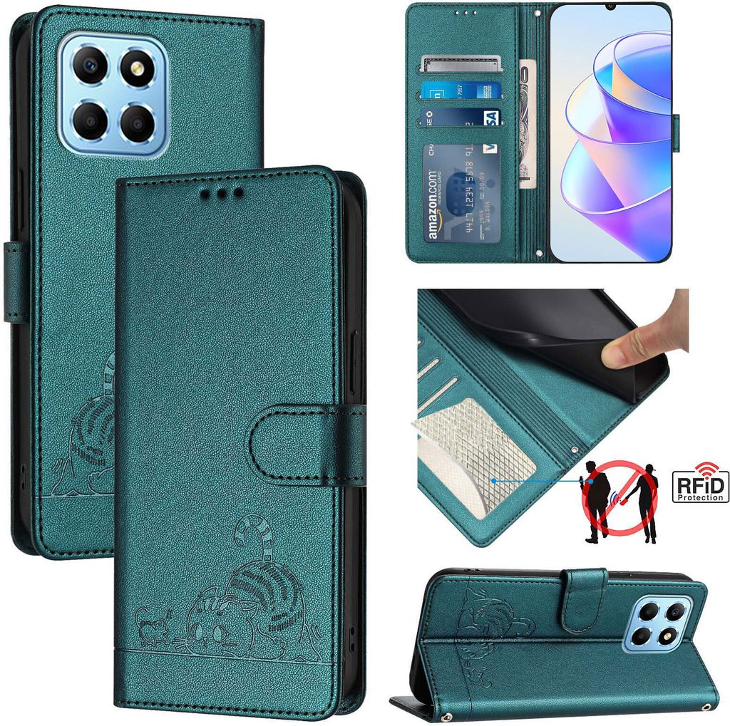 Leder Hülle für Honor X8 5G/Honor X6 4G Süße Katze Flip Case Brieftasche Schutzhülle mit Standfunktion Grün
