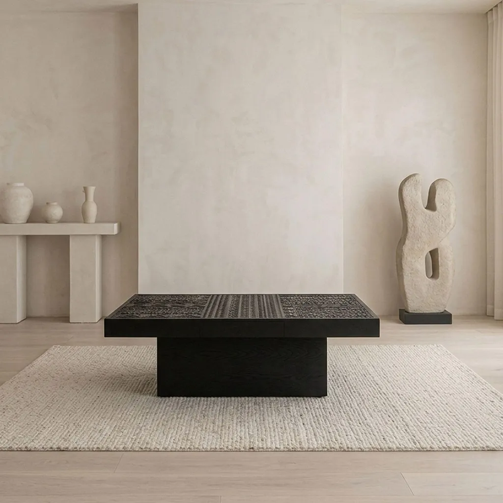 Table de salon noire style ethnique chic avec motifs gravés - 4