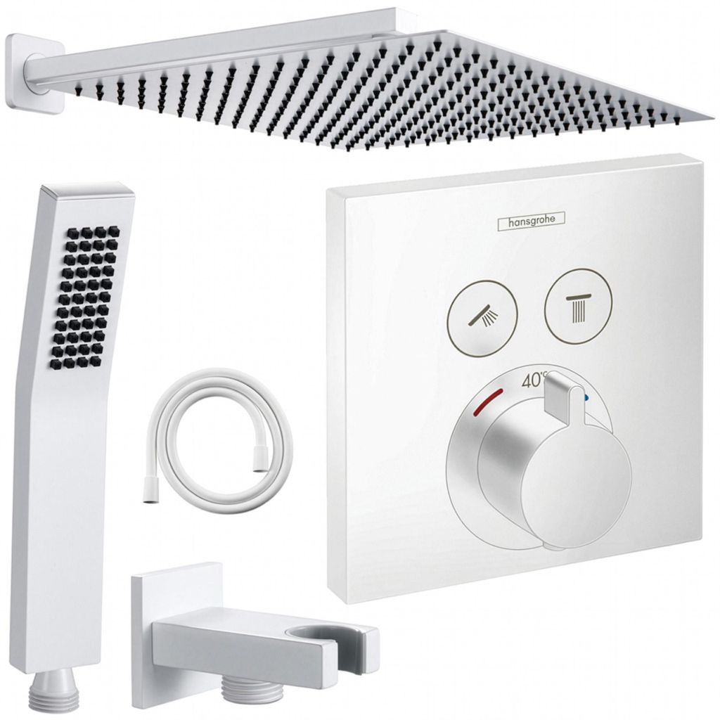 Hansgrohe und Jowi Unterputz Duschsystem Weiß, ShowerSelect Thermostat, Duscharmatur, Regendusche, 360 mm Kopfbrause, OHNE iBox