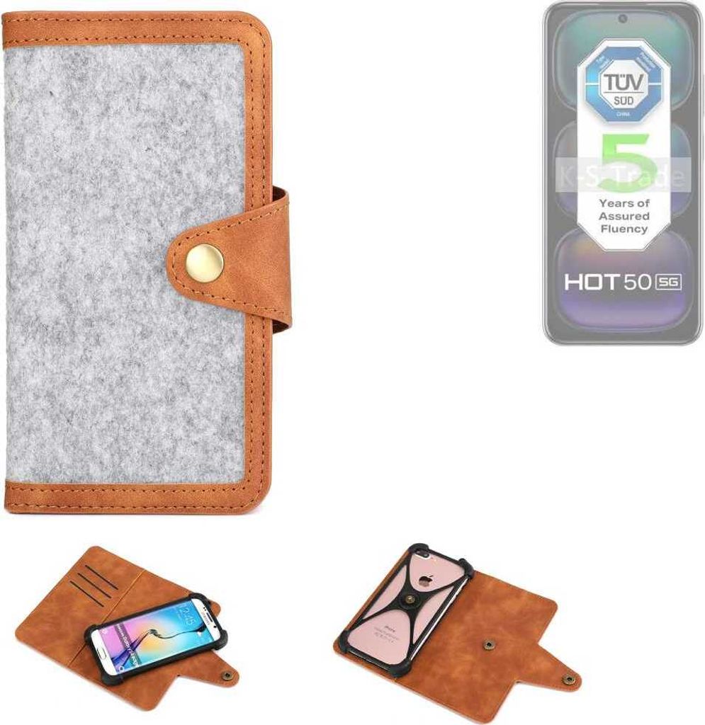 K-S-Trade Handyhülle kompatibel mit Infinix Hot 50 5G Schutzhülle Filz-Hülle Kunst-Leder hellgrau braun (1x)