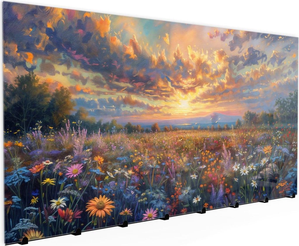 Wandgarderobe mit Magnetwand & Memoboard aus Glas Blumenwiese Sonnenuntergang