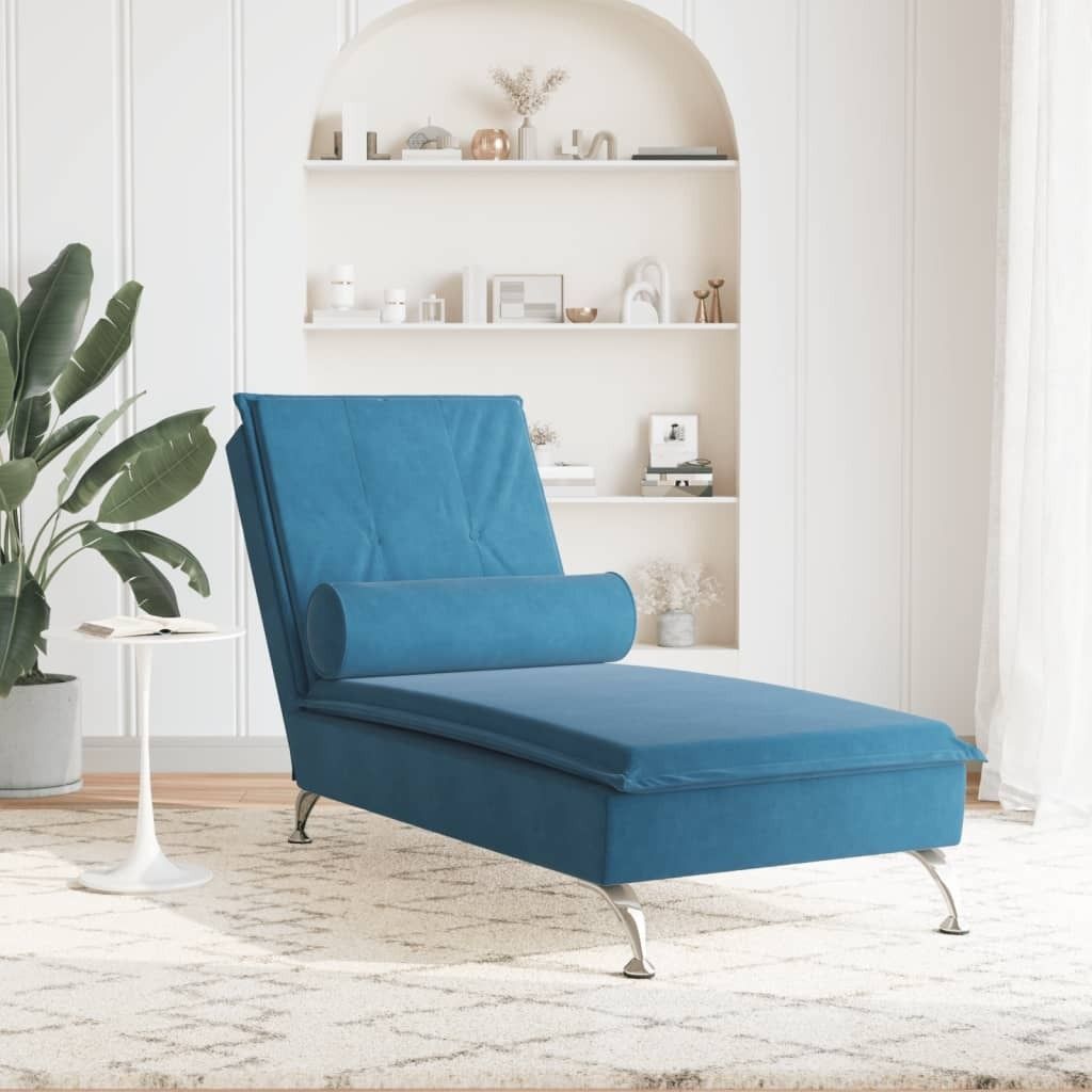 Möbel Massage-Chaiselongue Modernes Design - Liegesofa für Wohnzimmer - mit Nackenrolle Blau Samt - 136,5x56x75 cm Top8956323