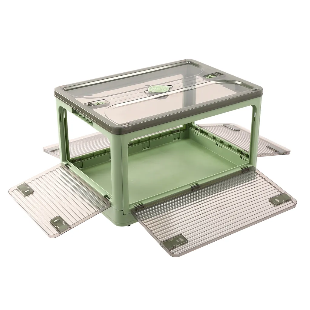 Caisse de rangement pliable empilable avec accès frontal et roulettes