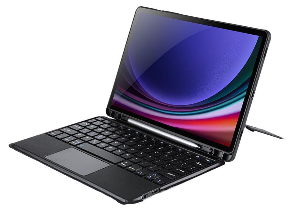 A black tablet case with a wireless keyboard attached, shown from a diagonal angle.