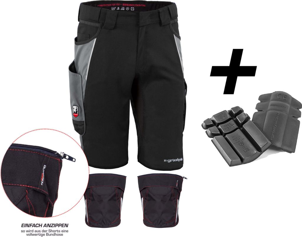 Qualitex kurze Arbeitshose - HANDWERKER-BUNDLE IRON Shorts + Kniepolstertasche inklusiv Kniepolster - in Farbe: schwarz/grau - Herren: 74 - Damen: 68