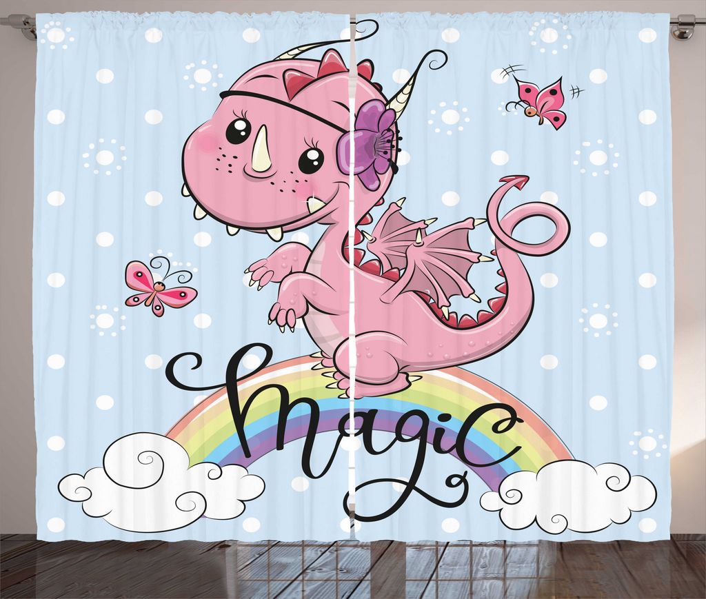 ABAKUHAUS Drachen Rustikaler Gardine, Magic Dragon auf einem Regenbogen, Schlafzimmer Kräuselband Vorhang mit Schlaufen und Haken, 280 x 175 cm, B...