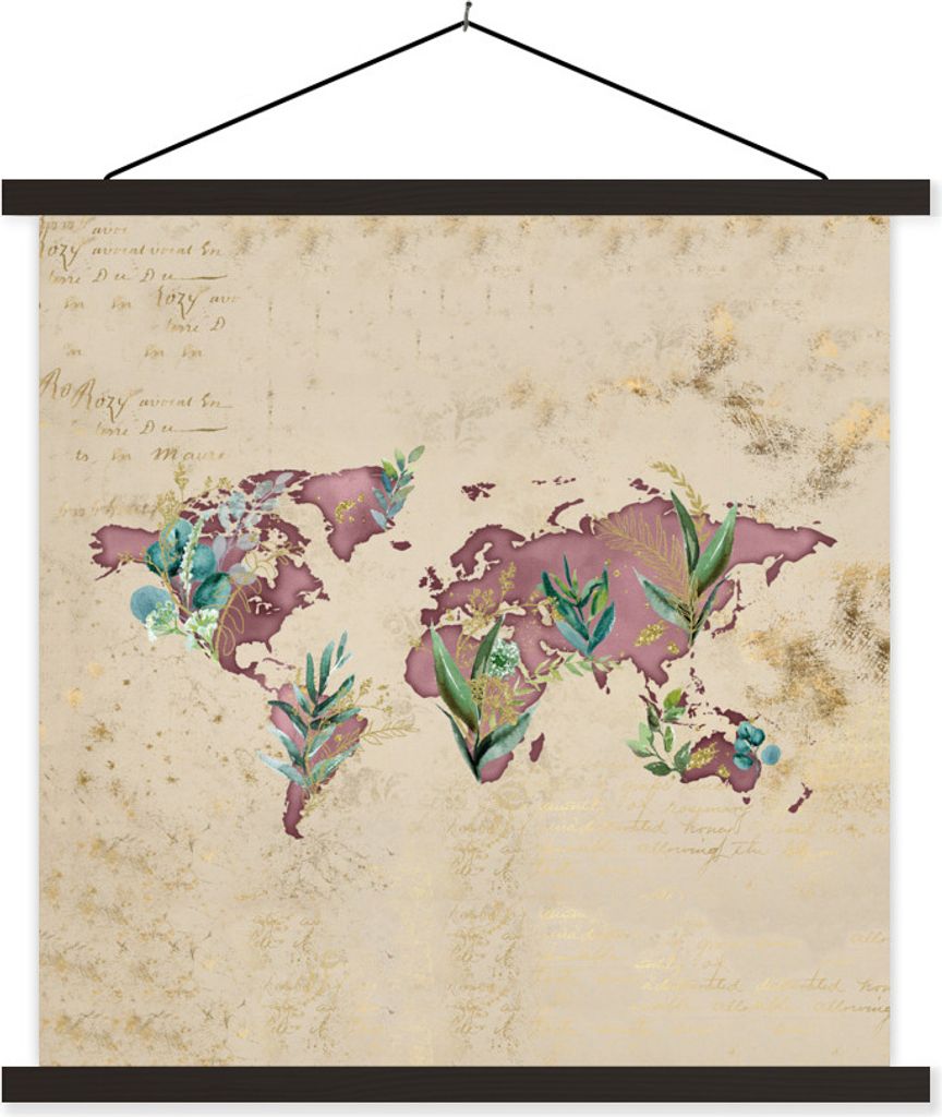 MuchoWow Textilposter Weltkarte - Lila - Vintage 120x120 cm mit schwarzem Rahmen - Aufhängungsset