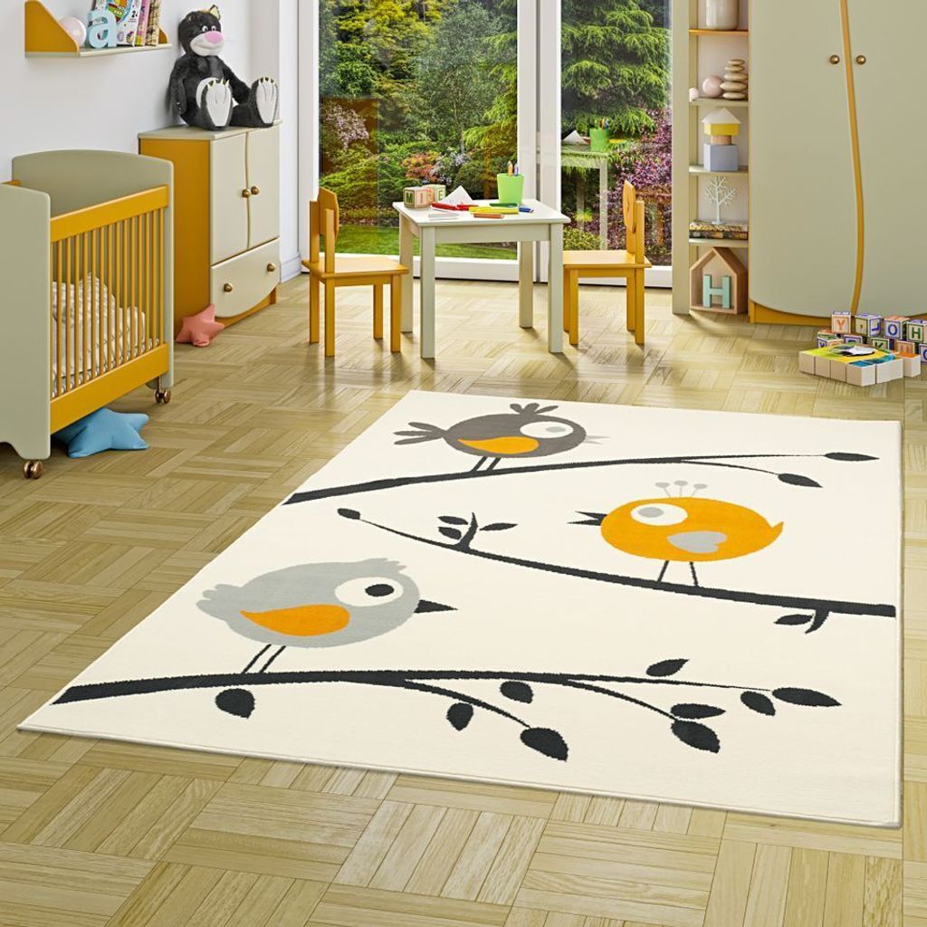 Kinder und Jugend Teppiche mit Tier- und Sternmotiven, Größe:80x150 cm, Design:Vögel Creme