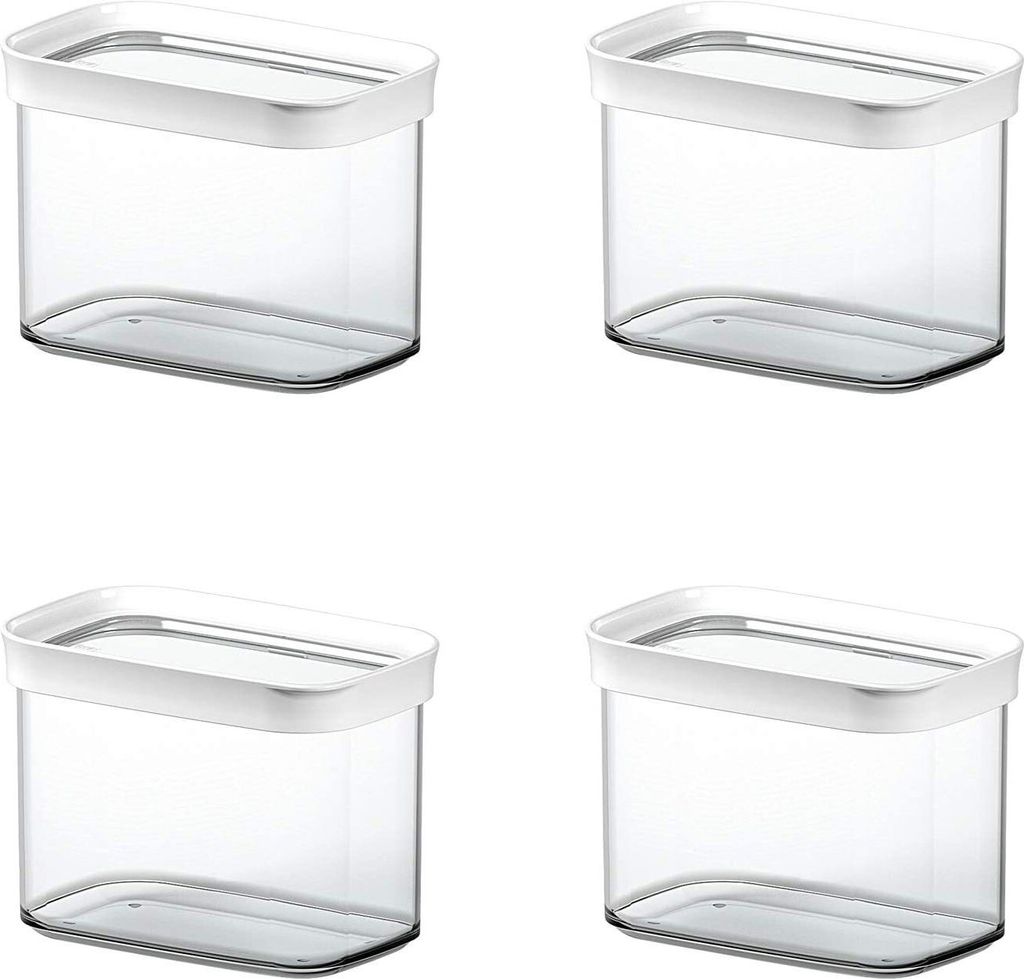 Four identical transparent storage containers with white lids are arranged in a two-by-two grid against a white background.