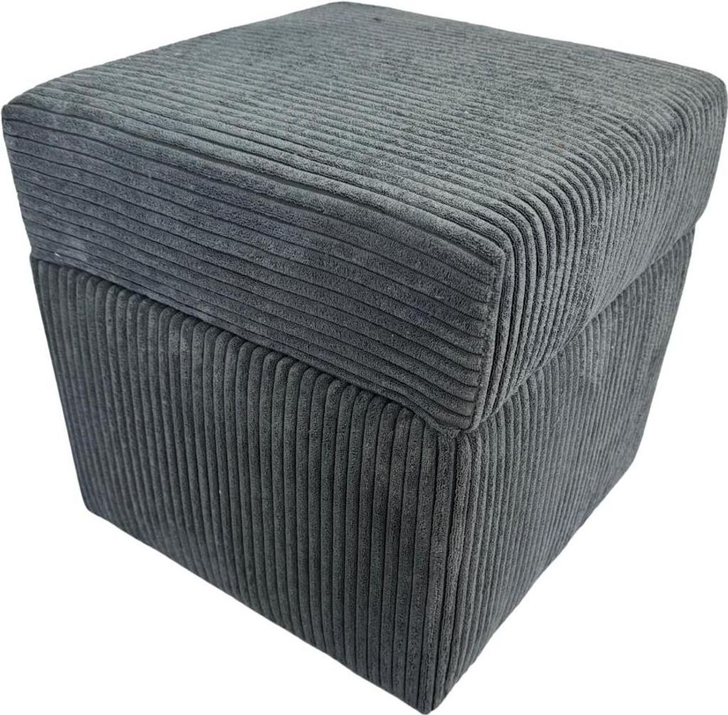 A gray corduroy ottoman is shown against a white background.
