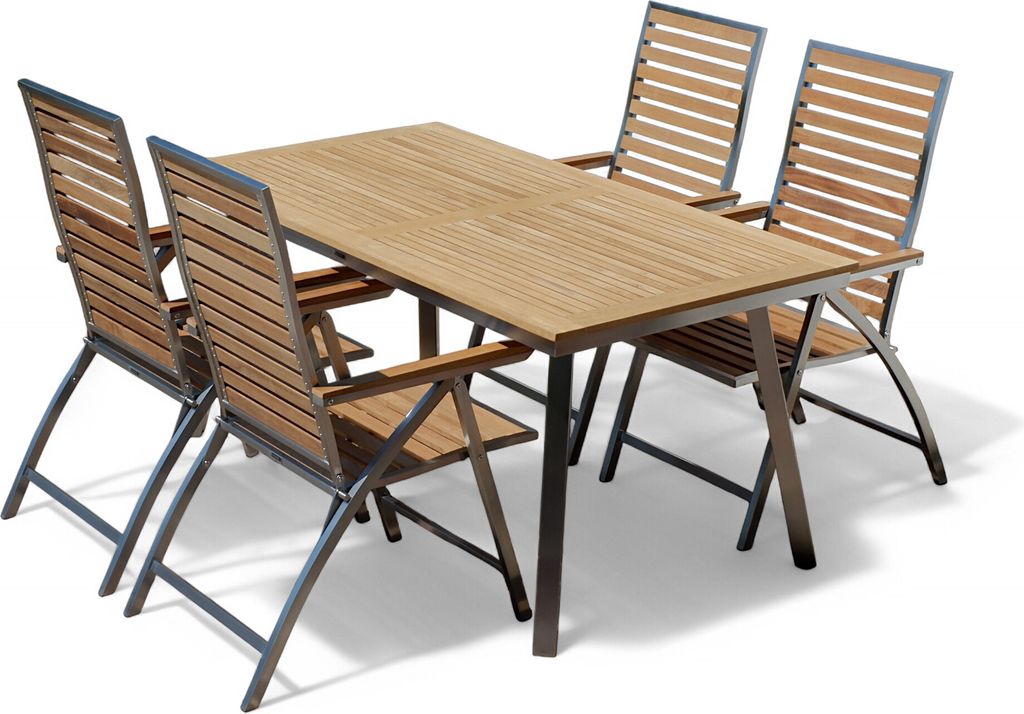 ALEOS. Gartengarnitur Edelstahl Teak Set Nassau Tisch 160x90 cm + 4 Hochlehner beste Teakholz Qualität A-Grade Sitzgarnitur Gastronomiequalität G...