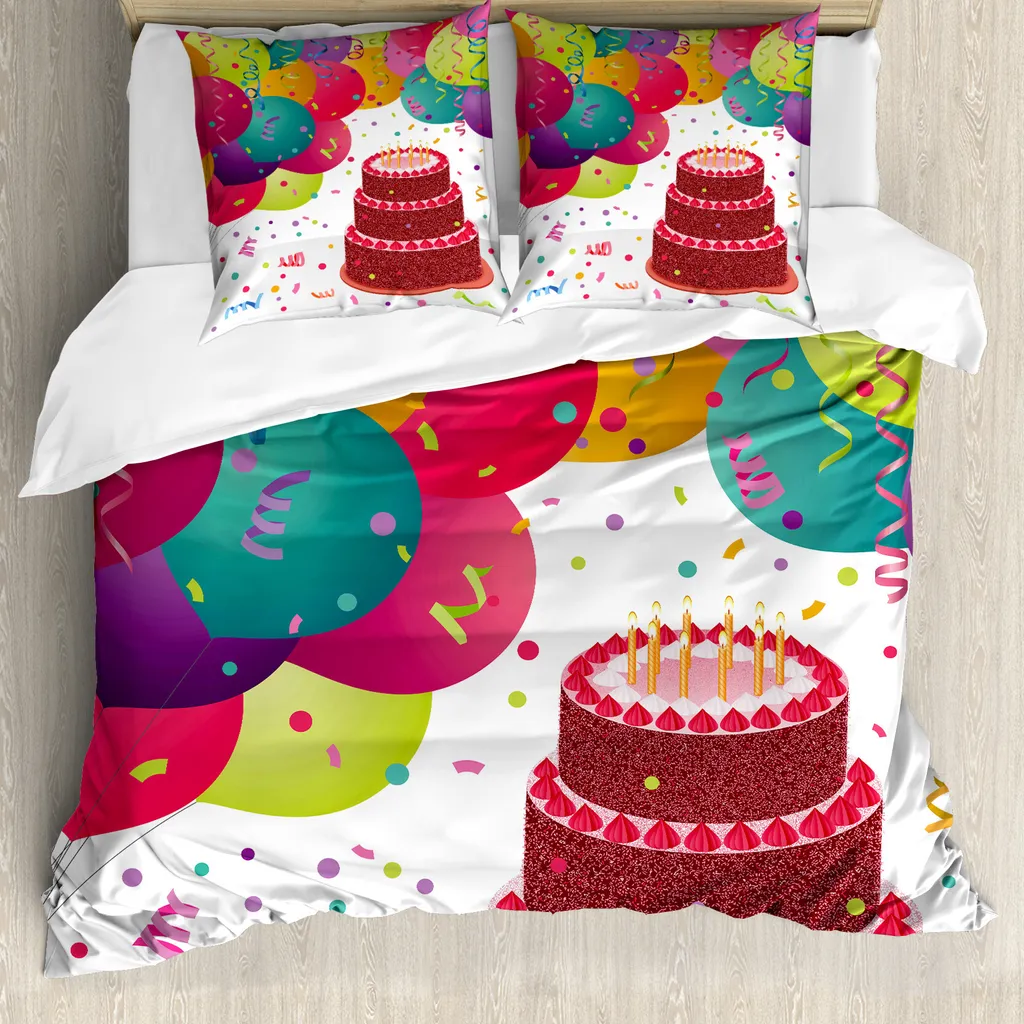 ABAKUHAUS Copripiumino compleanno, festa con torta di compleanno, antiacaro, adatto a chi soffre di allergie, con federe, 155 cm x 220 cm - 80 x 80 cm, multicolore