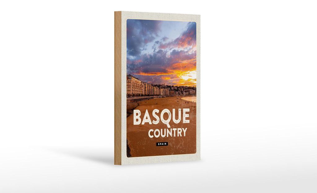 Holzschild Reise 12x18 cm Basque Country Spain Sonnenuntergang