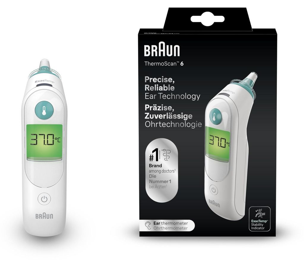 Braun ThermoScan 6, Kontakt-Thermometer, Weiß, Ohr, Tasten, Produktbild 