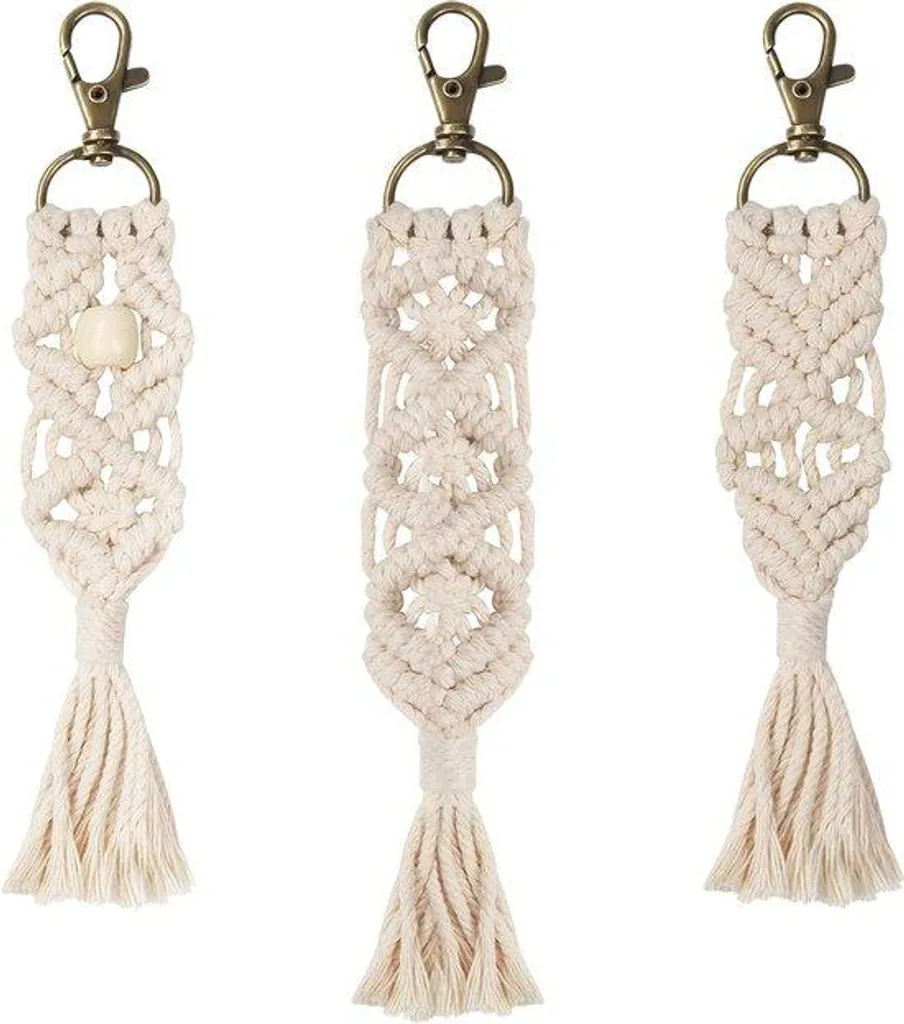 Porte-clés macramé artisanal à franges coton naturel lot de 3 pièces