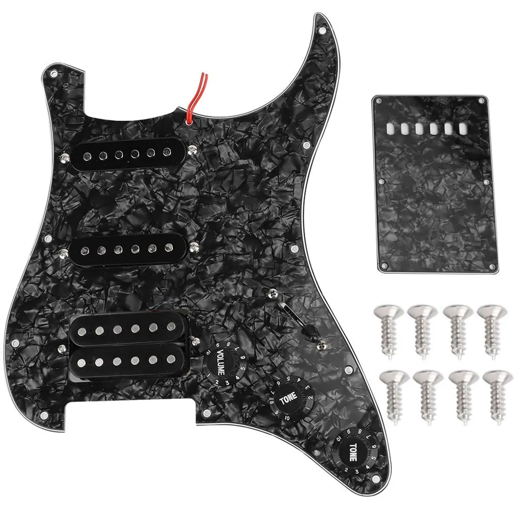 Pickguard pré-câblé 11 trous nacre noire et micros pour guitare S-Style