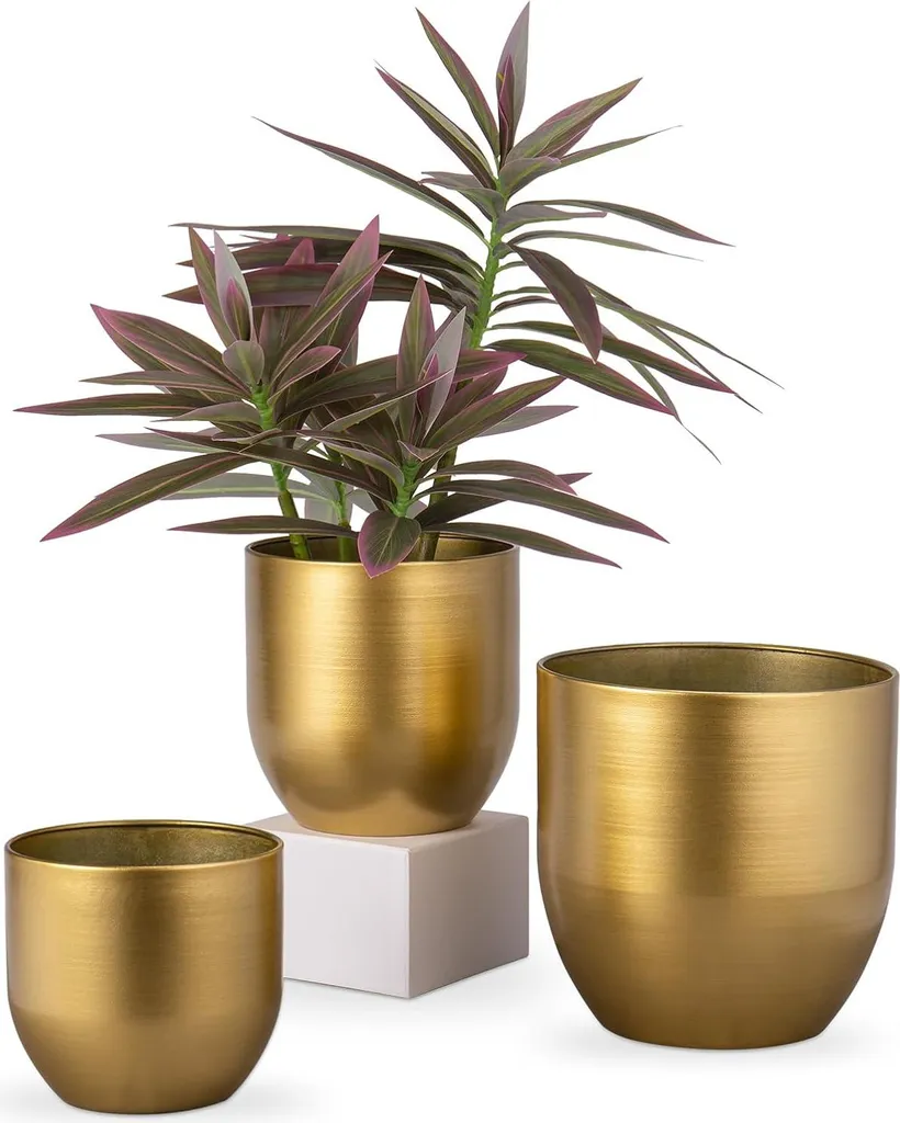 Set de 3 pots de fleurs en acier galvanisé doré - 16,5/13,5/12 cm