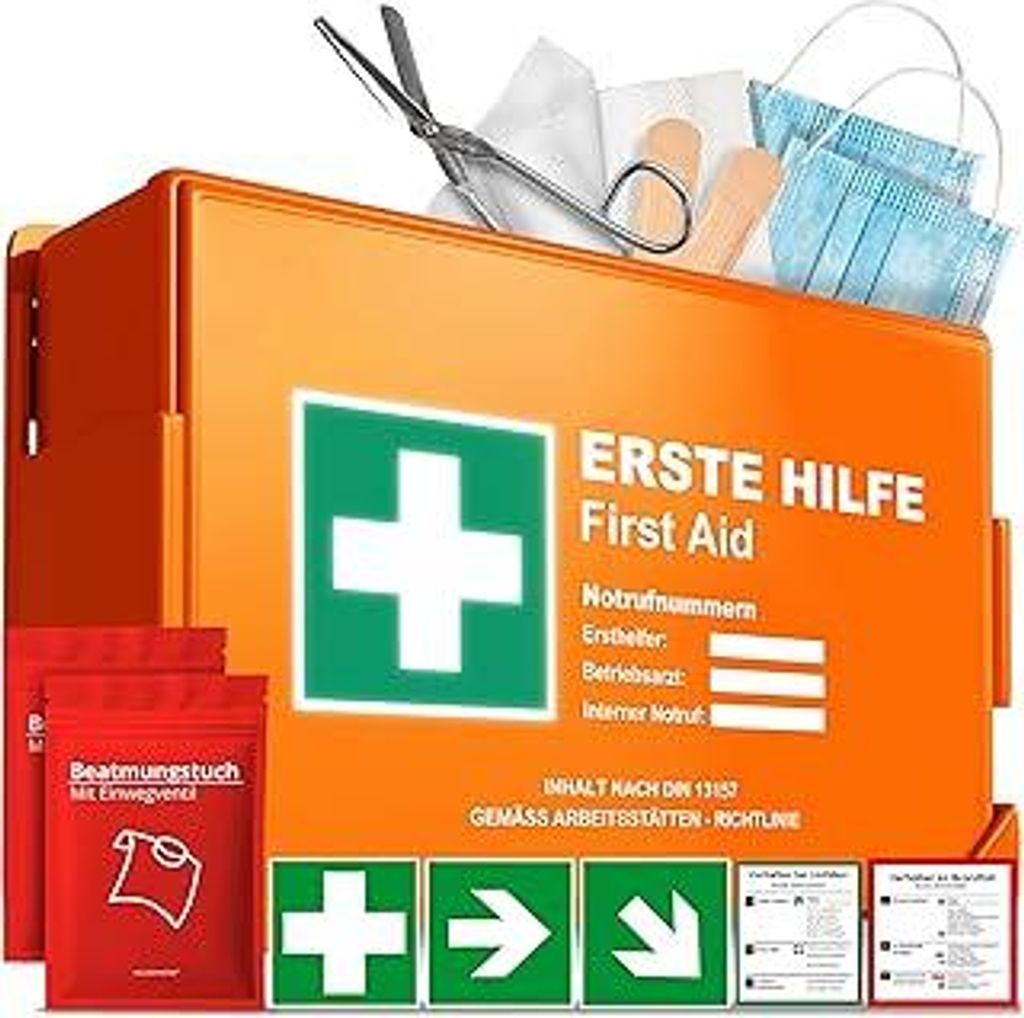 Erste Hilfe Kasten nach neuer DIN 13157:2021 inkl. Wandhalterung & Aufklebern|Universal Erste Hilfe Koffer für Betrieb, Haushalt oder Gastronomie ...