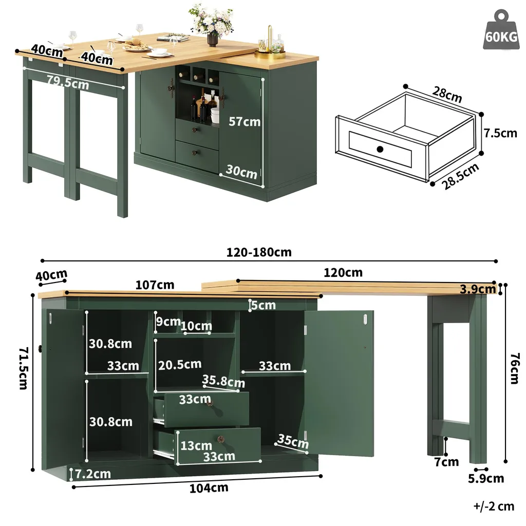 Table haute 360° modulable vert foncé, buffet extensible avec étagères - 7