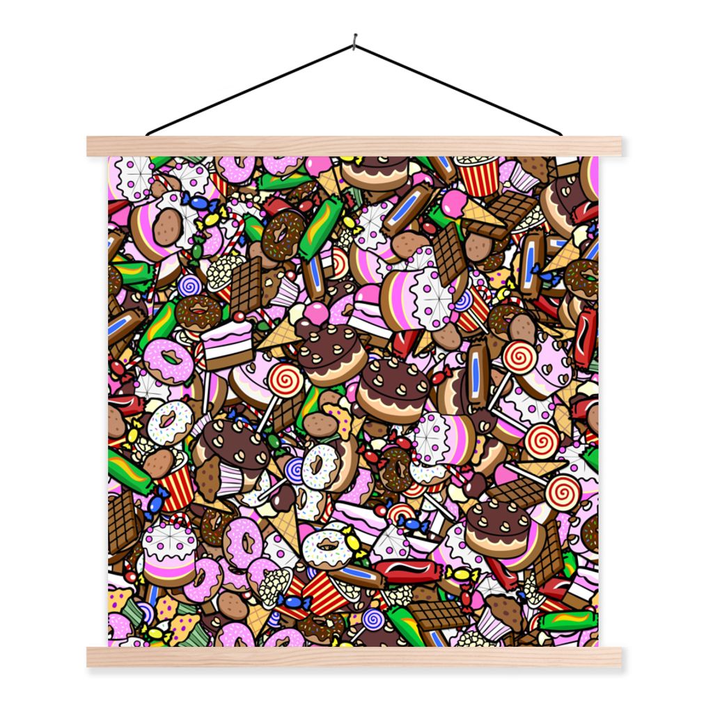 MuchoWow Textilposter Süßigkeiten - Design - Schokolade - Kuchen - Lutscher - Kinder 60x60 cm mit holzfarbenen Rahmen - Wanddekoration