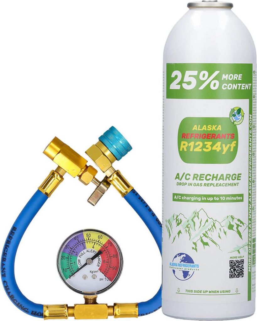 Home Kit - Alaska Refrigerants R1234yf Ersatzkältemittel für Fahrzeuge + Schlauch & Manometer