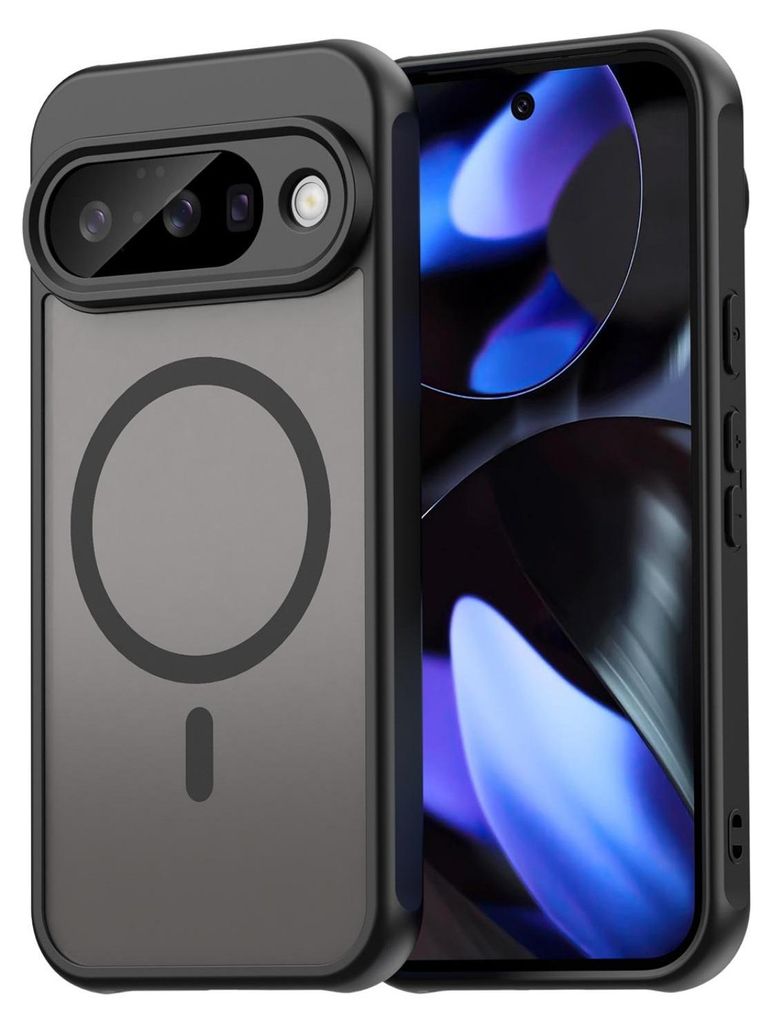 A black phone case with a magnetic ring is shown next to a smartphone.