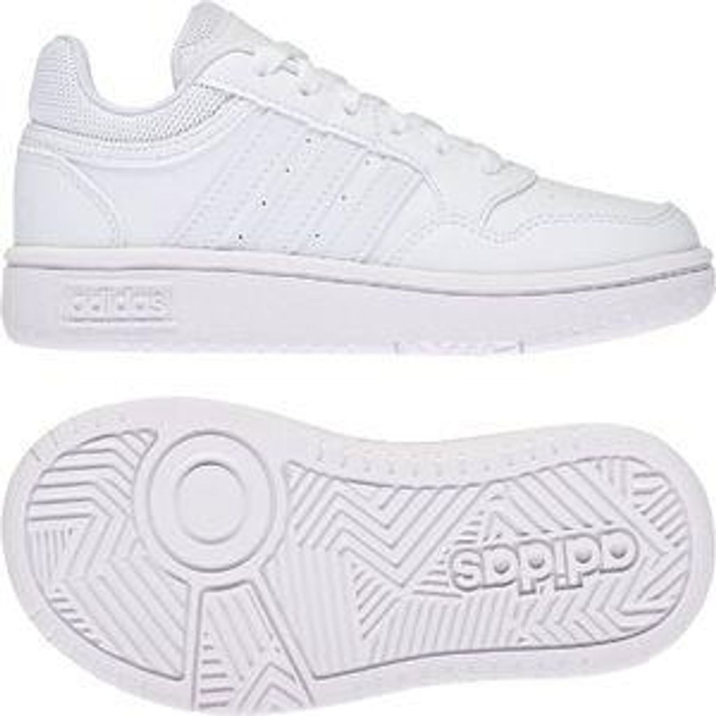A white Adidas sneaker and its sole are shown against a white background.