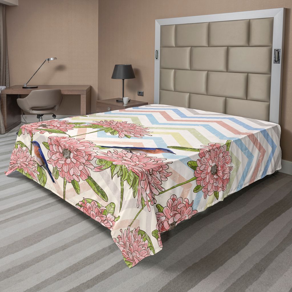 ABAKUHAUS Blumen Bettlaken, Vintage Themed Grafik-Pfingstrose Blumen und Vögel auf Grunge Zigzags, weiches bequemes oberes Bettlaken für ein deko...