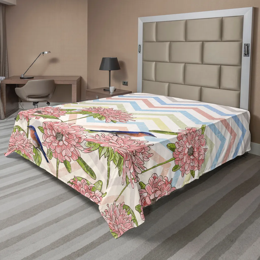 Drap plat grand lit 2 personnes motif pivoines oiseaux 275x260 cm doux