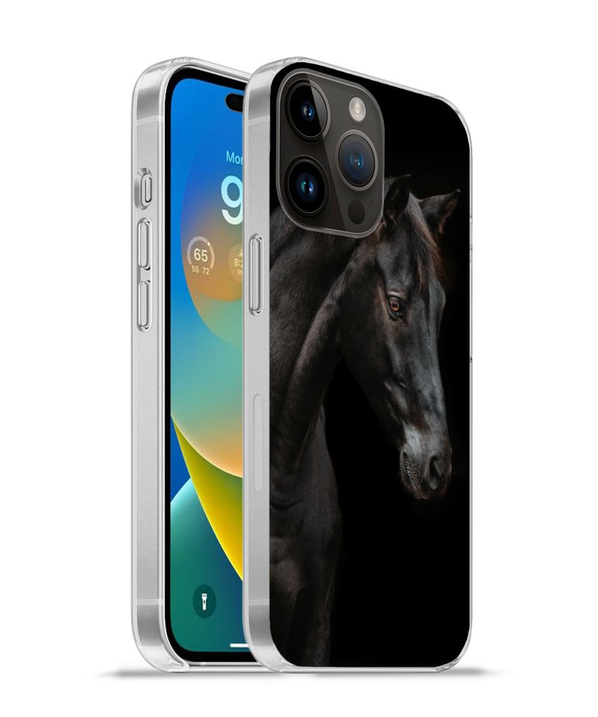 MuchoWow Handyhülle Schutzhülle Hülle für Apple iPhone 14 Pro Max Pferd - Tiere - Schwarz - Porträt Silikon Softcase Handy Hülle - Hardcover