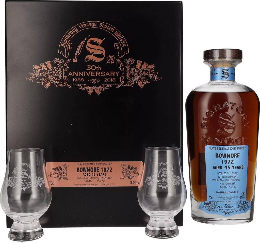 Signatory Vintage BOWMORE 45 Years Old 30th ANNIVERSARY 1972 46,7% Vol. 0,7l in Holzkiste mit 2 Gläsern