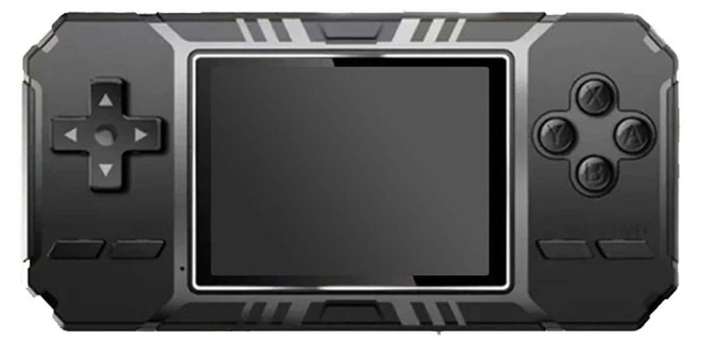 A black handheld gaming console with a screen and buttons.
