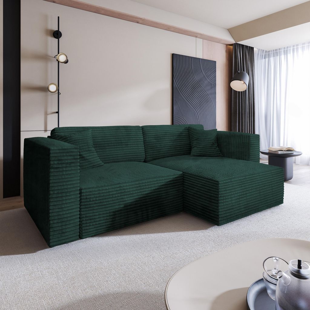 Masseno Ecksofa NERIO T mit Schlaffunktion L-Form, Sofa mit Bettkasten, Wohnzimmersofa, Couch, Soffa, Bettsofa, Couchgarnitur- Grün, TILIA 39