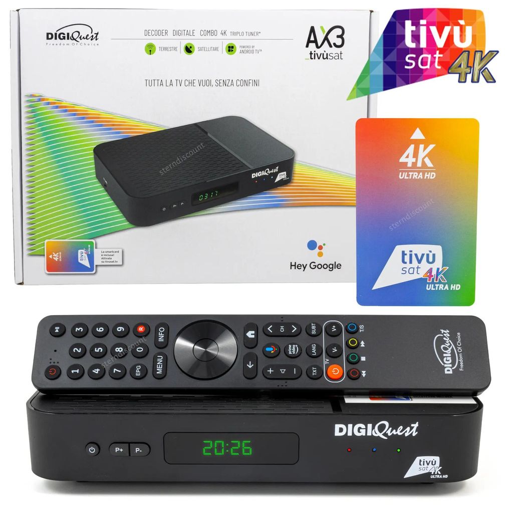 Digiquest AX3_tivùsat 4K UHD SAT Receiver | Android TV 12 | Karte aktiviert | DVB-S2